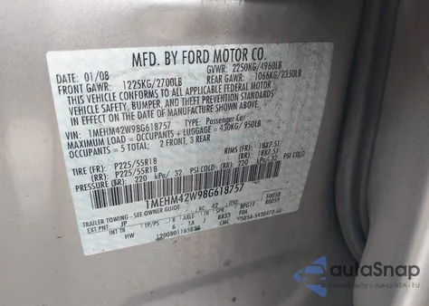 2008 Mercury Sable Premier from USA, damaged, VIN 1MEHM42W98G618757